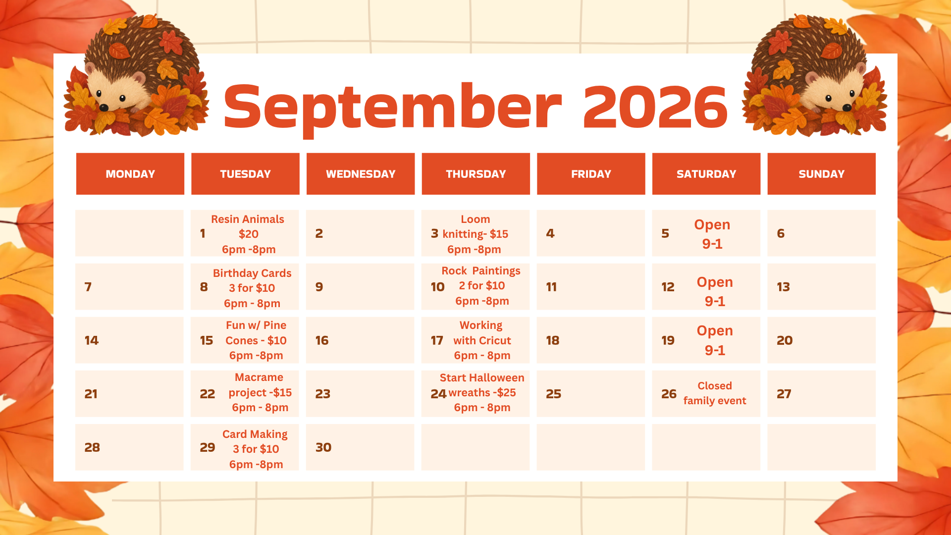 September 2026 event calendar