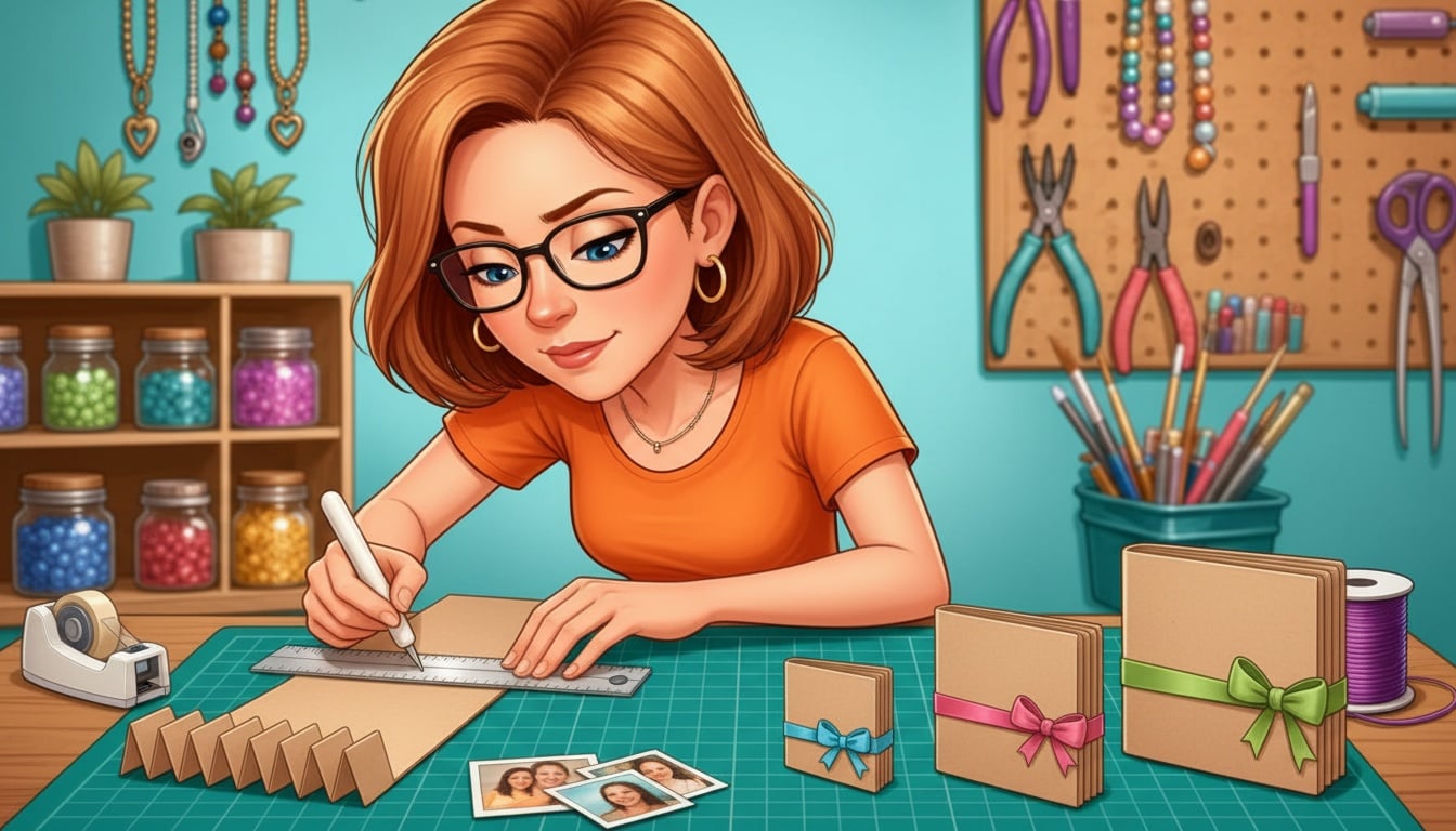 Scoring a strip of kraft cardstock with a bone folder against a metal ruler, beside a folded concertina strip and three finished mini albums tied with ribbon