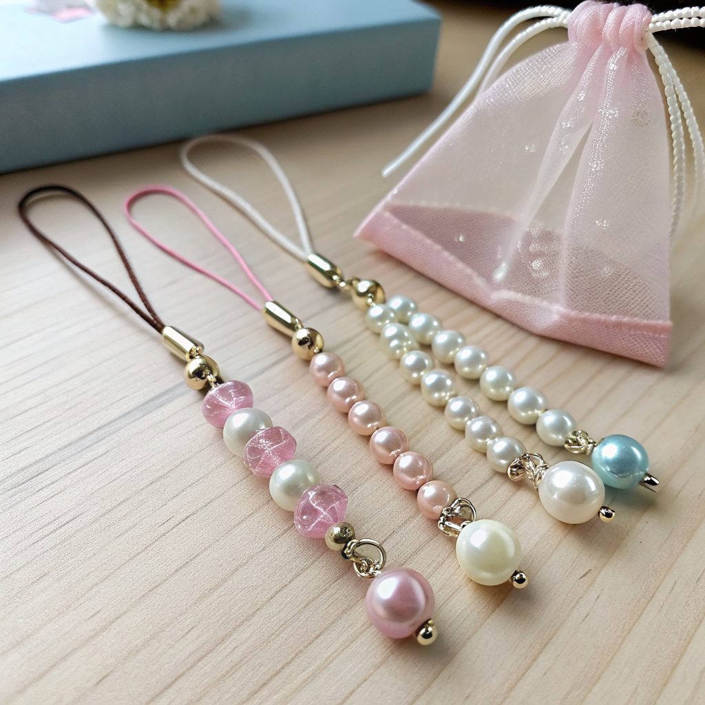 Finished beaded phone charms beside a gift bag