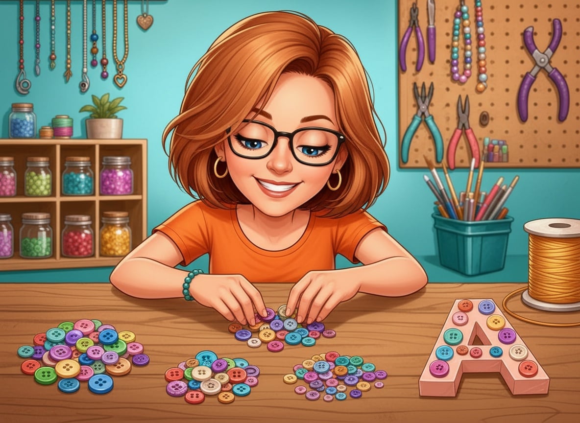 Buttons sorted into three piles by size next to a partly finished button monogram letter