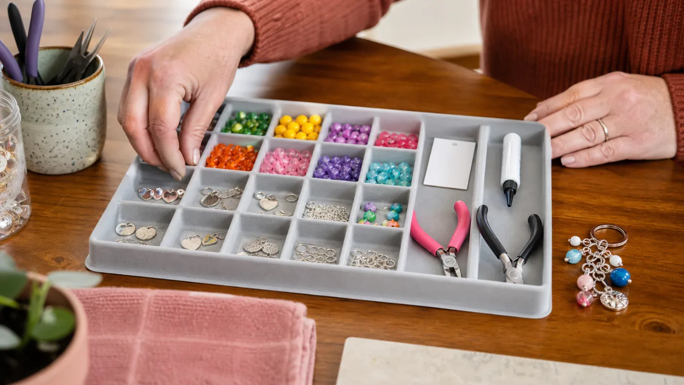 Close-up of a per-guest charm-making tray with beads and blanks