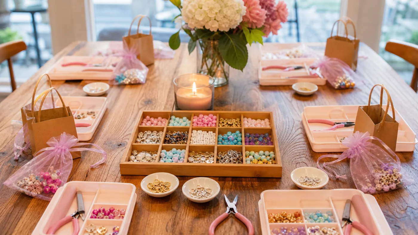 Craft night charm-making kits set up in trays on a table