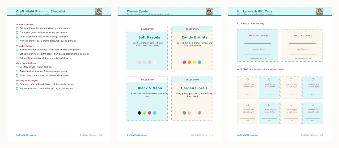 Three sample pages from the Craft Night Kit Planner: planning checklist, theme cards, and printable labels