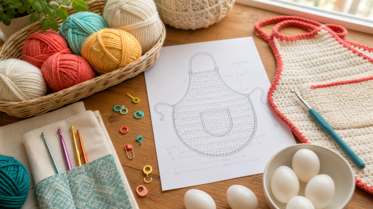 Cotton yarn, crochet hooks, stitch markers, eggs, and an egg apron planning sketch on a craft table