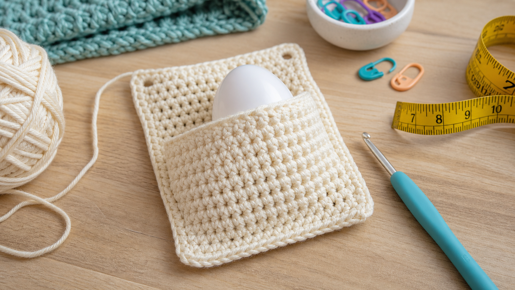 A cream crocheted pocket swatch holding a white plastic egg beside a hook and measuring tape