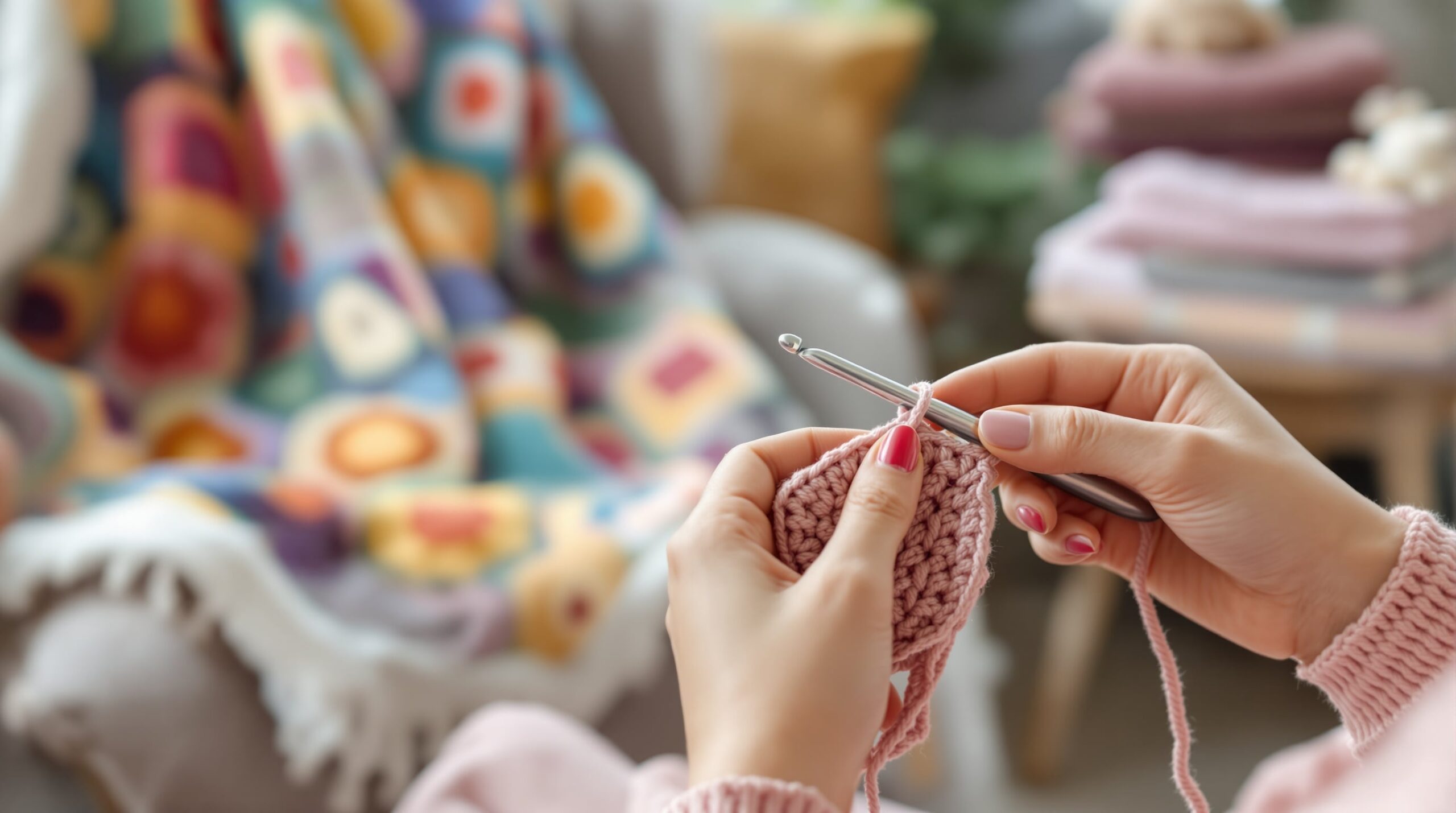 Hands demonstrating a double crochet stitch with a hook and dusty rose yarn, with finished crochet projects in the background