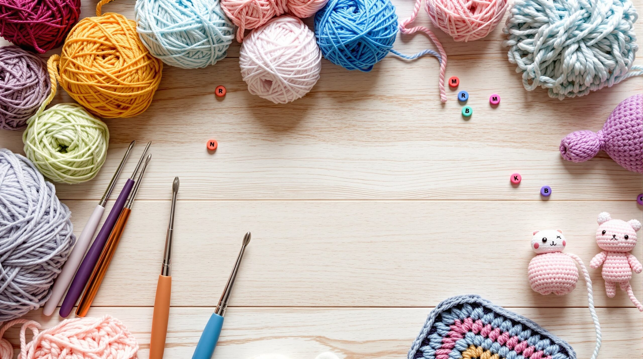 Colorful yarn skeins, crochet hooks in various sizes, stitch markers, and a granny square in progress on a wooden table