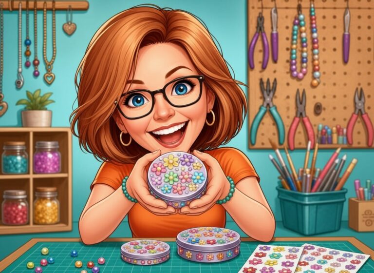 Donna happily showing off a finished keepsake tin decorated with flower stickers and rhinestones, with two more decorated tins on her craft table