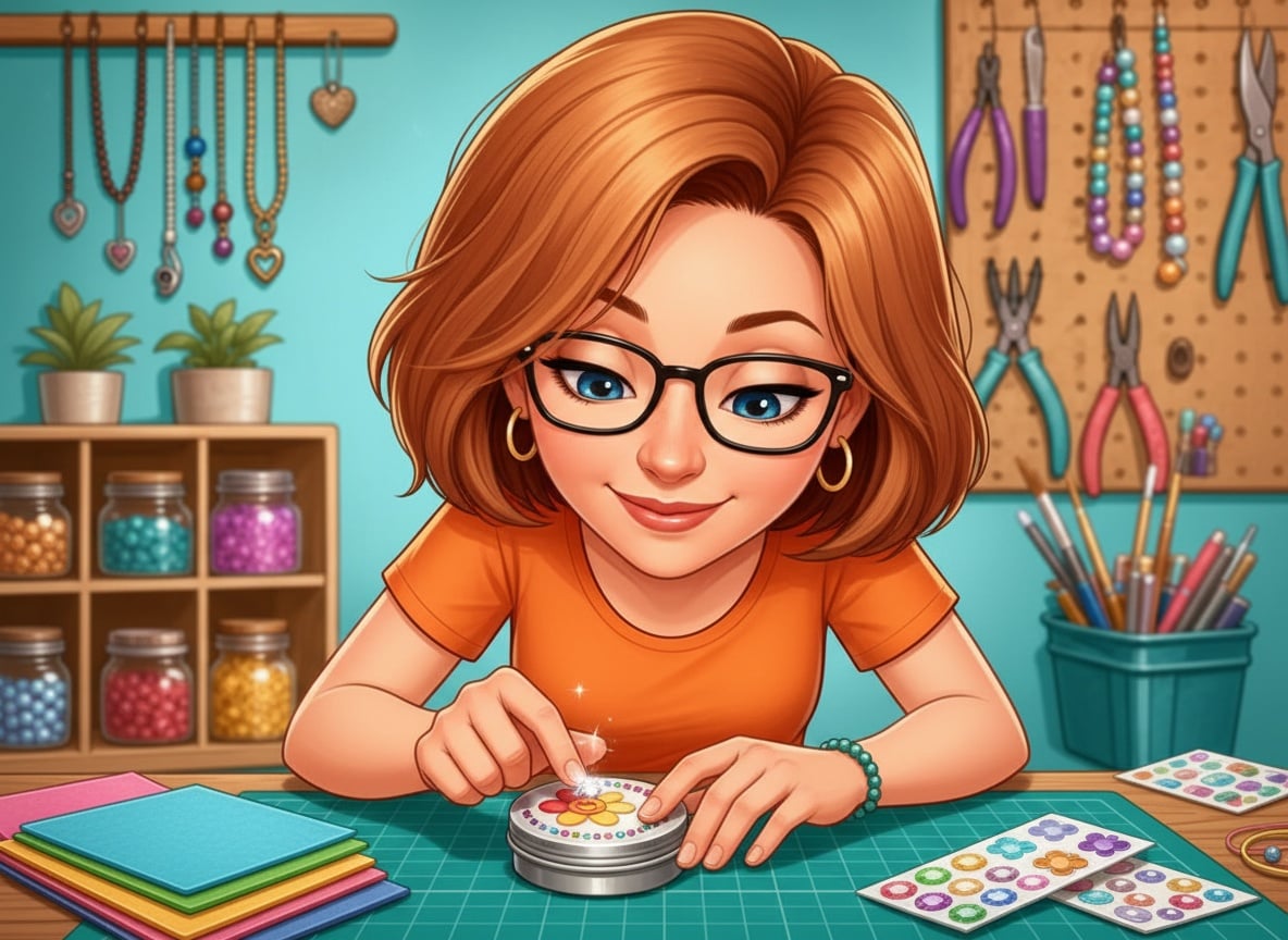 Donna pressing a sparkly rhinestone onto a decorated tin lid at her craft table, with felt sheets and sticker packs nearby