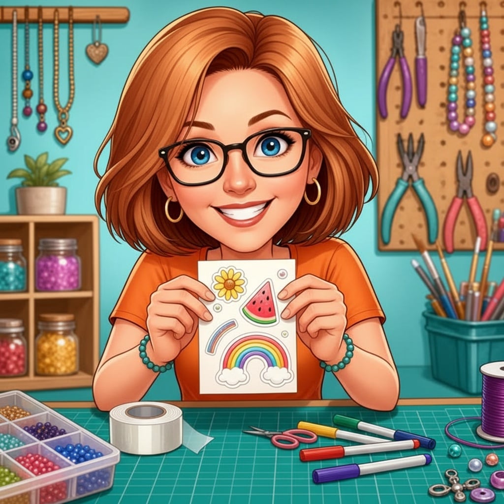 Donna holding up a finished sheet of hand-drawn stickers with a daisy, rainbow, and watermelon slice design