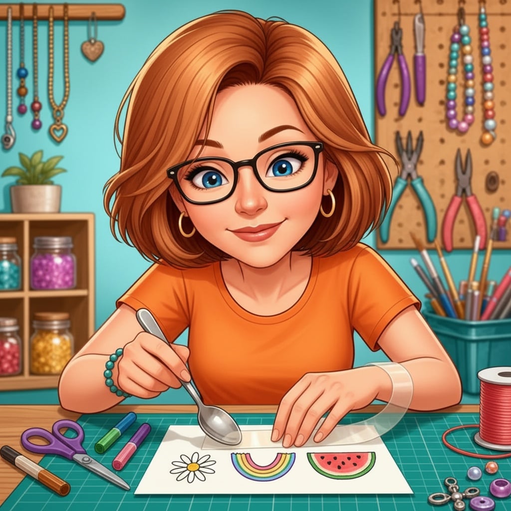 Donna smoothing clear packing tape over hand-drawn sticker designs with the back of a spoon