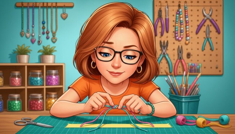 Cartoon Donna tying a forward knot in a striped friendship bracelet taped to her craft table with washi tape