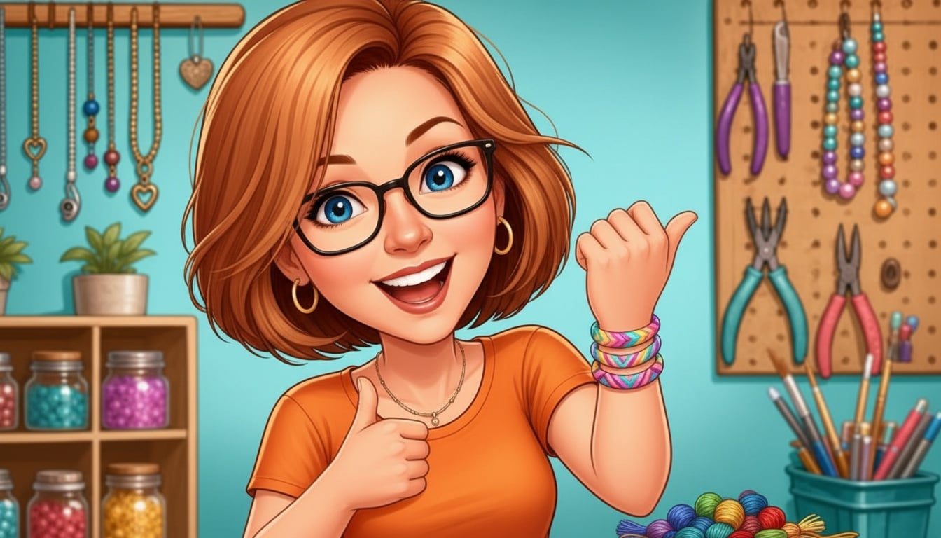 Cartoon Donna proudly showing a stack of colorful striped friendship bracelets on her wrist