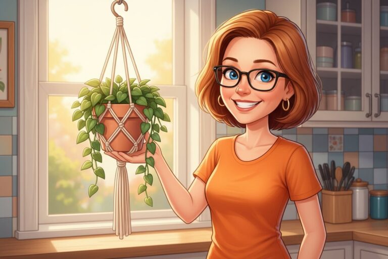 Finished DIY macramé plant hanger made from leftover yarn holding a pothos in a sunny kitchen window