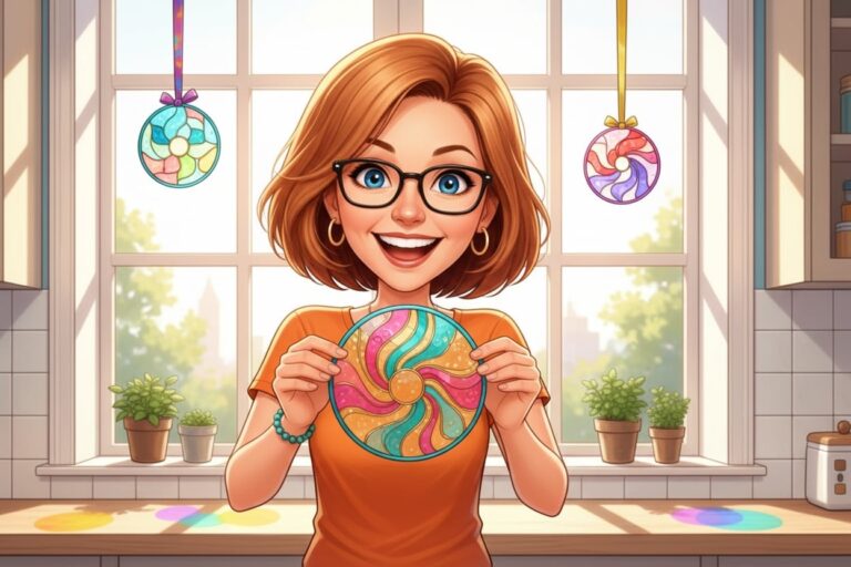 Donna holding a swirled faux stained-glass suncatcher in front of her sunny kitchen window, with two more hanging behind her