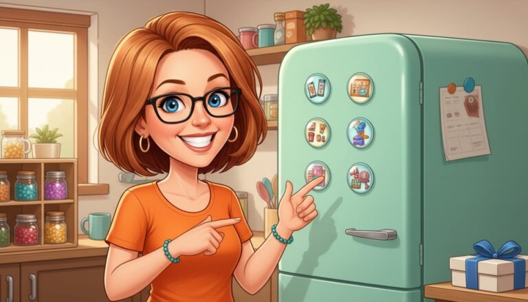 Donna pointing at six handmade glass gem photo magnets on a mint-green refrigerator door