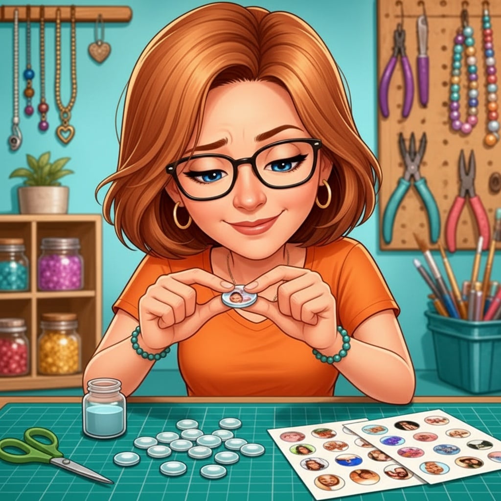 Donna pressing a round photo cutout onto the back of a clear glass gem at her craft table