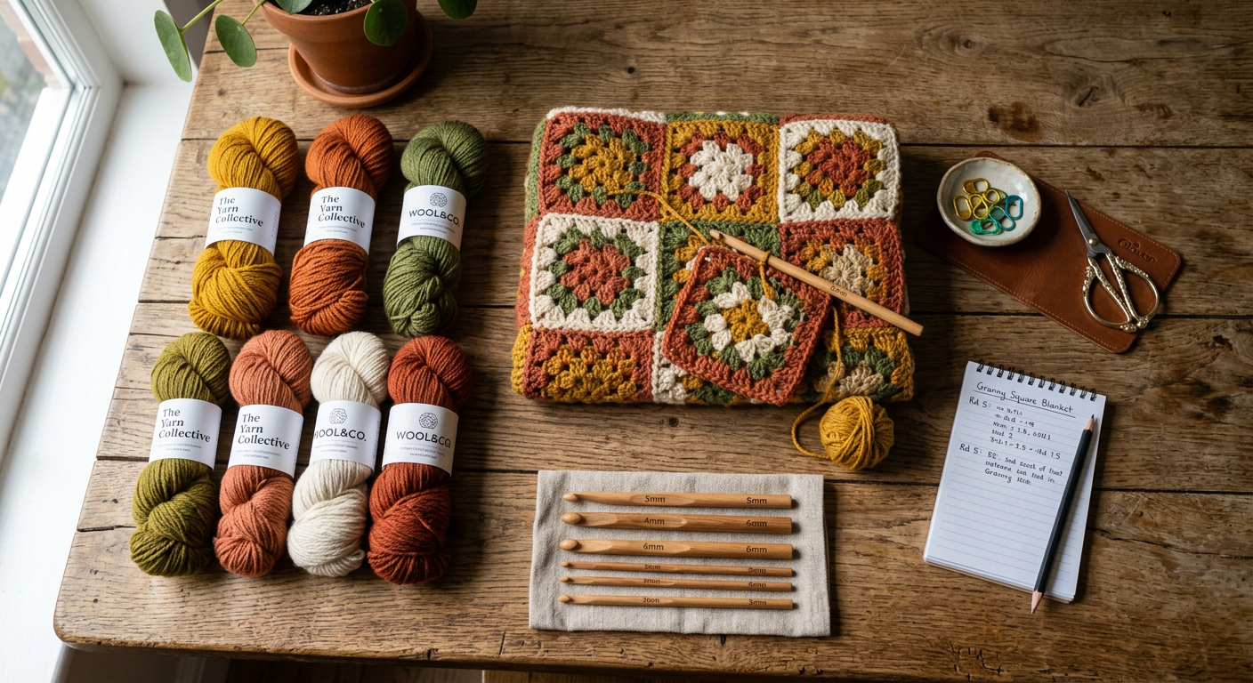 Flat lay of crochet supplies including colorful yarn skeins, wooden crochet hooks, stitch markers, and a partially completed granny square on a wooden table