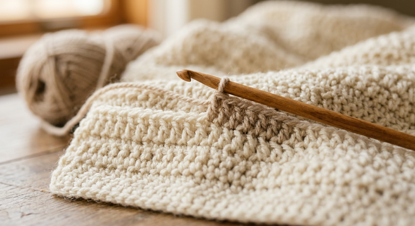 Close-up of crochet stitch work showing beautiful textured double crochet stitches in progress on a cream-colored blanket