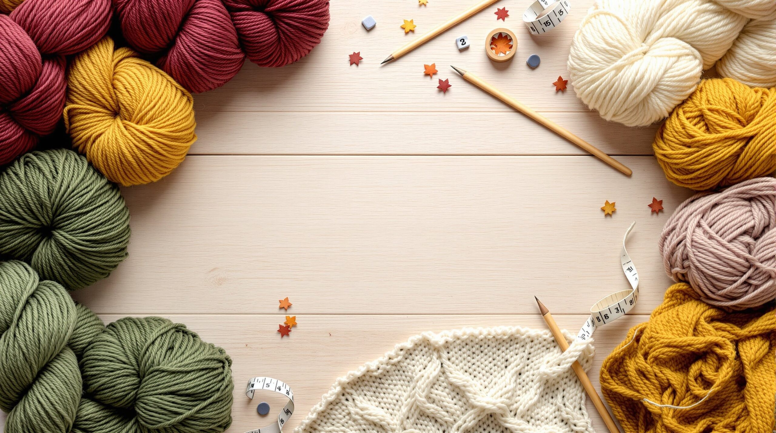 Flat lay of knitting supplies including colorful yarn skeins, wooden knitting needles, stitch markers, and a cable knit swatch on a wooden table