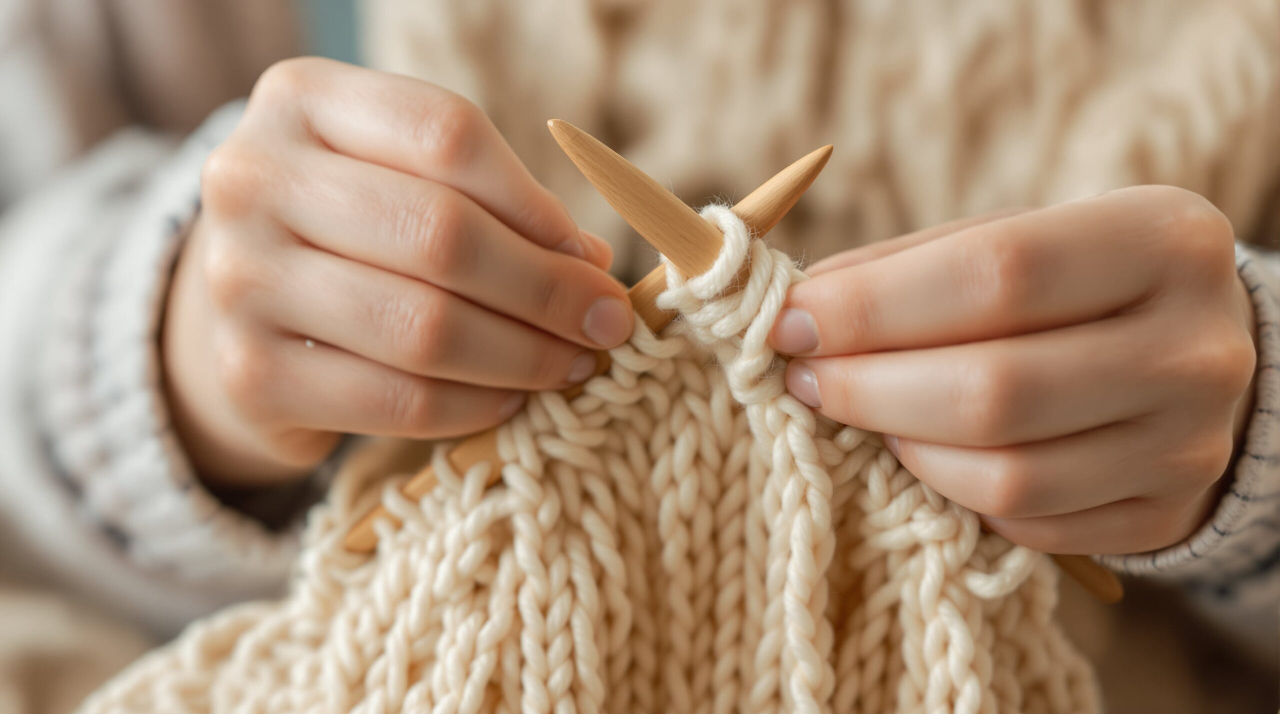 Hands demonstrating a knitting technique with wooden needles and cream yarn showing proper stitch formation
