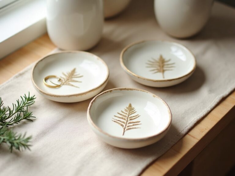 Three handmade white air-dry clay trinket dishes with fern leaf prints and gold-painted rims on a linen runner