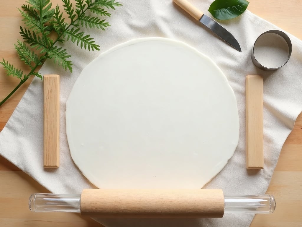 A slab of white air-dry clay rolled flat between two wooden guide sticks, with a fern frond and a round cutter ready beside it