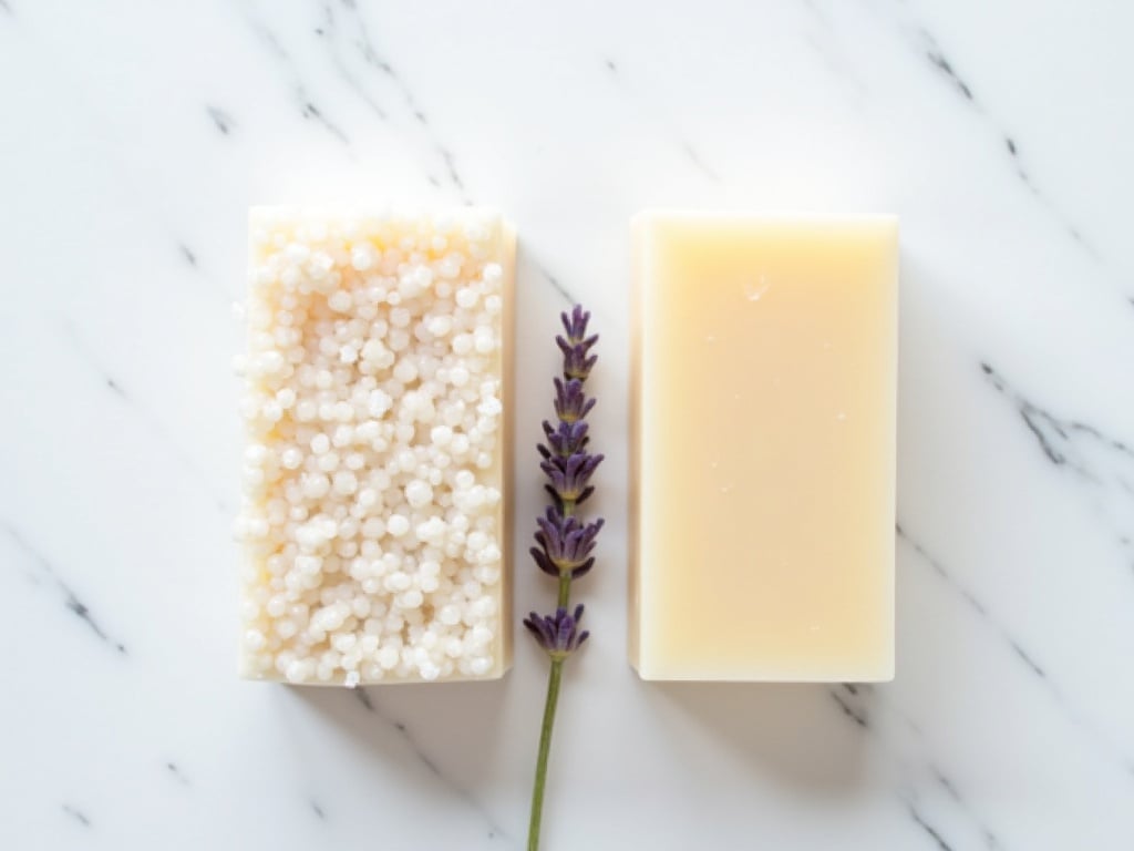 Side by side comparison of a soap bar with a crusty bubble top and sweating droplets next to a smooth glassy bar