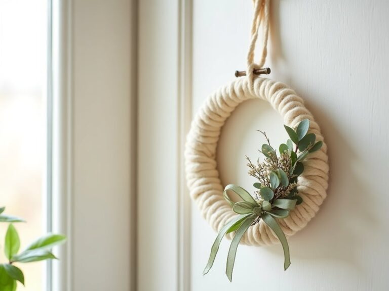 A mini hoop wreath wrapped in cream yarn with a cluster of eucalyptus and dried flowers on the lower right third, hanging on a white door