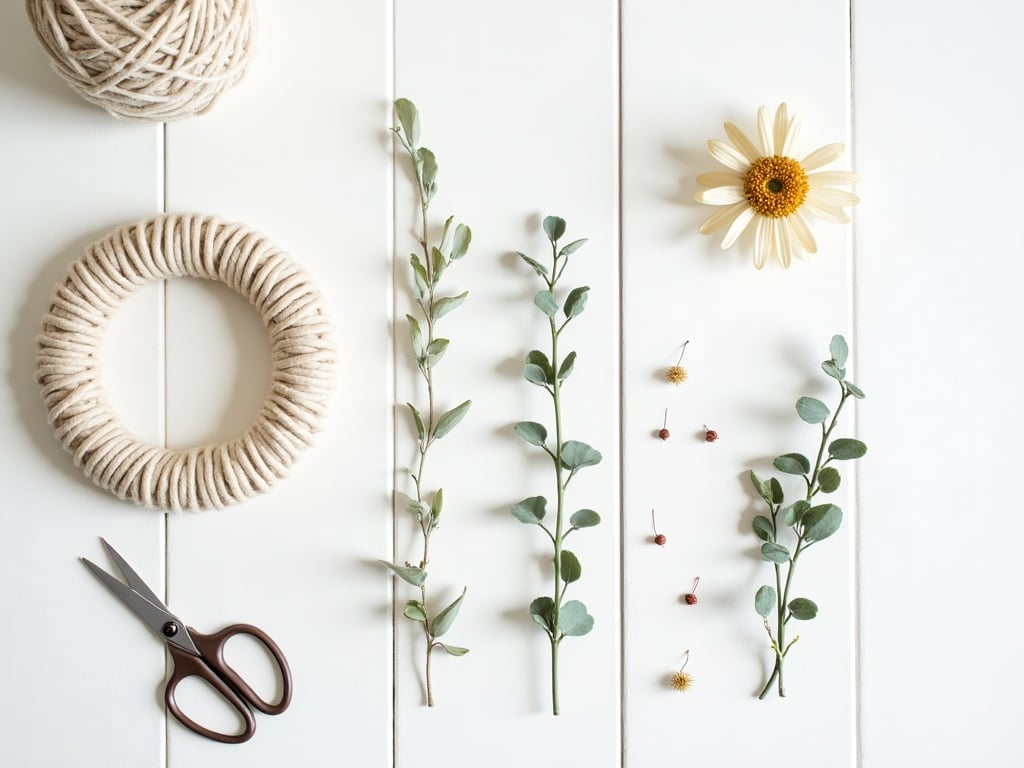 Flat lay of a cream yarn-wrapped hoop beside dried botanicals sorted into three sizes: one large focal bloom, medium eucalyptus sprigs, and tiny berry accents