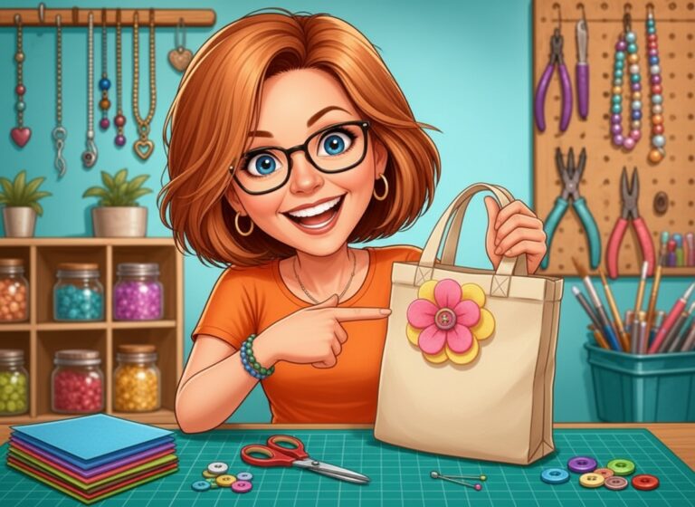 Donna holding a finished no-sew felt flower pin on a tote bag
