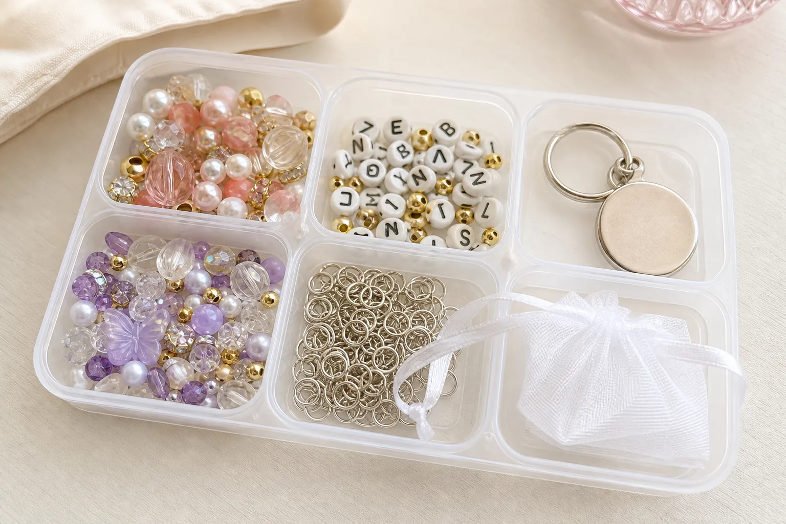 One guest tray filled with beads, letter beads, a keychain blank, jump rings, and an organza bag