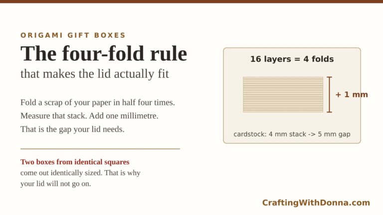 Origami Gift Boxes: the four-fold rule that makes the lid actually fit — fold a scrap of paper in half four times, measure the stack, and add one millimetre for the lid gap