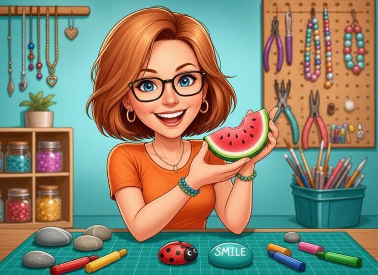 Donna holding a finished watermelon-slice painted rock, with ladybug and SMILE kindness rocks on her craft table