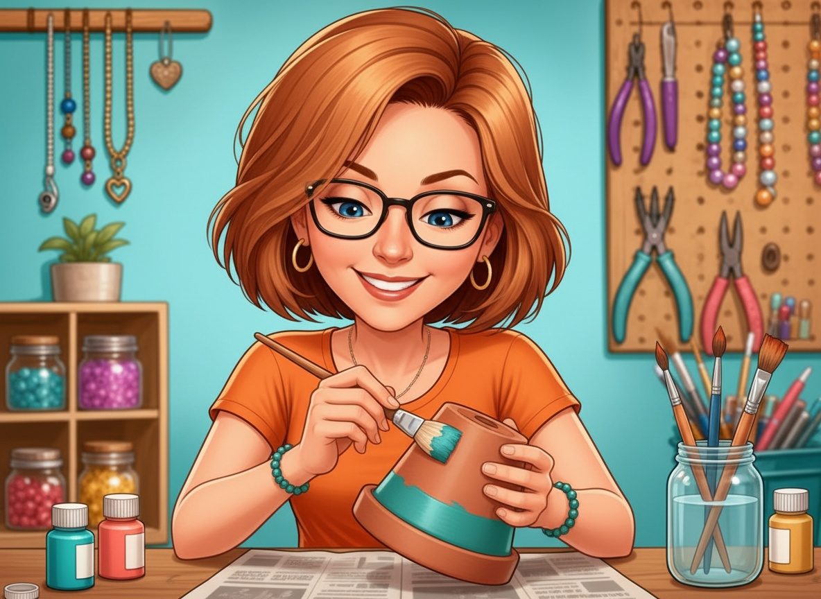 Painting an even teal band around a terracotta pot by turning the pot slowly against a flat brush