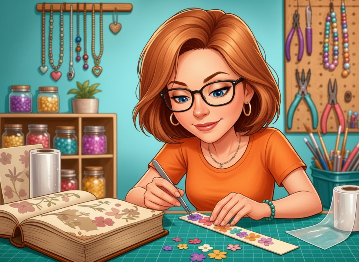 Donna arranging pressed flowers onto a bookmark at her craft table