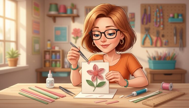 Donna placing a quilled paper flower onto a handmade greeting card, with quilling paper strips, tweezers, glue and a ruler on the craft table