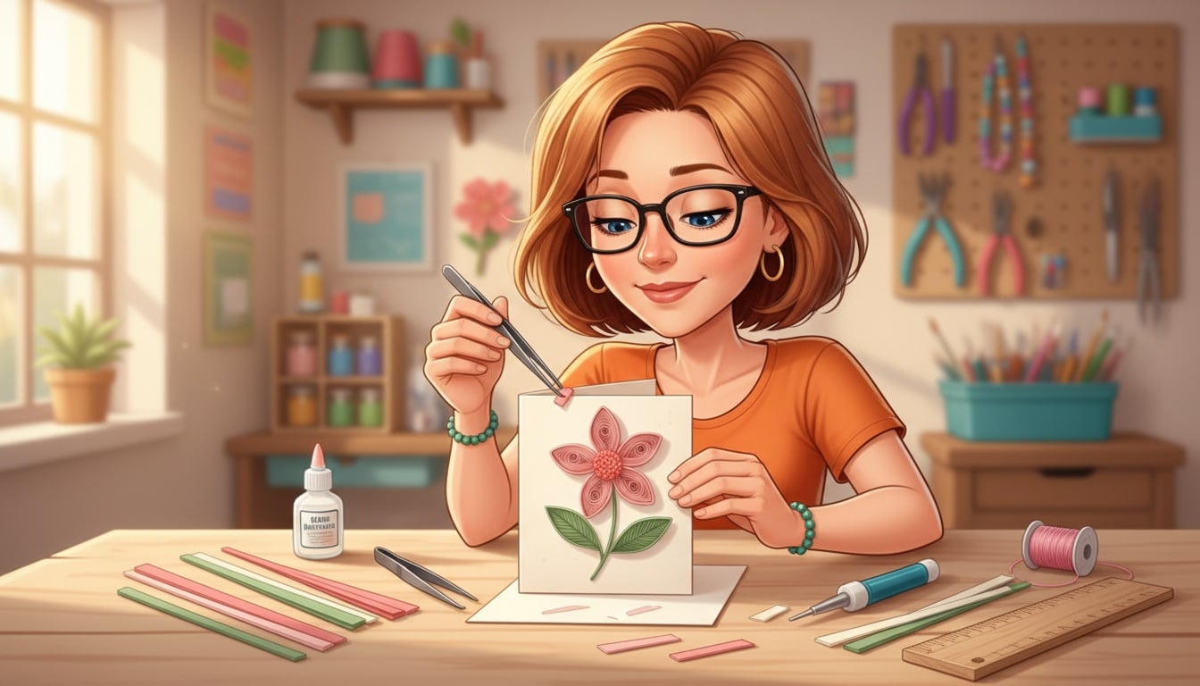 Donna placing a quilled paper flower onto a handmade greeting card, with quilling paper strips, tweezers, glue and a ruler on the craft table