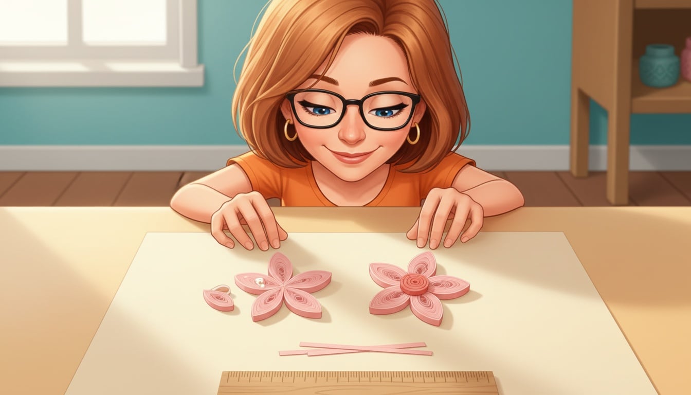 Side-by-side of a lumpy quilled flower with mismatched petals next to a neat quilled flower with five matching teardrop petals and a tight center coil