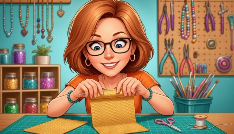 Donna rolling a golden honeycomb beeswax sheet around a cotton wick at her craft table, with spare sheets, scissors and a wick spool beside her