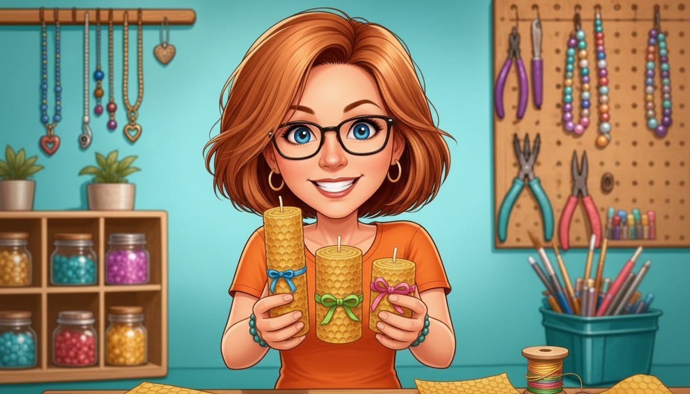 Donna holding up three finished rolled beeswax candles in different heights, each showing the honeycomb spiral texture and tied with a ribbon