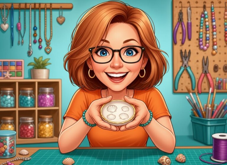 Donna holding her finished seashell keepsake dish with a gold rim and shell imprints