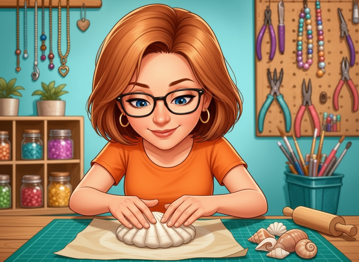 Pressing a ridged seashell into rolled-out air-dry clay to make a keepsake dish