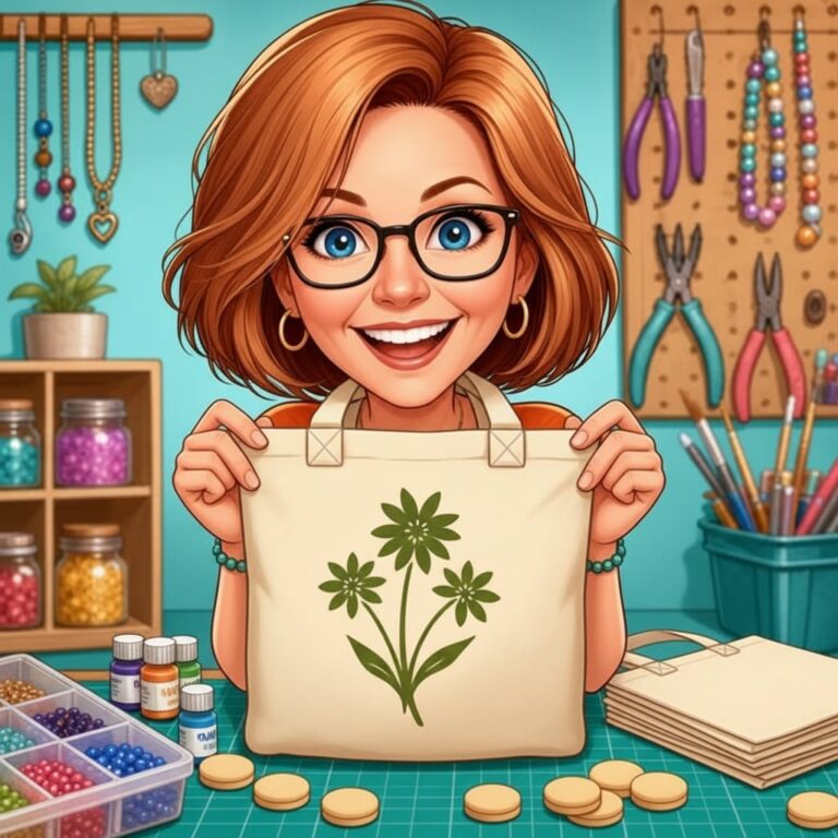 Donna holding up a finished cream canvas tote bag with a crisp olive green wildflower design stenciled on it