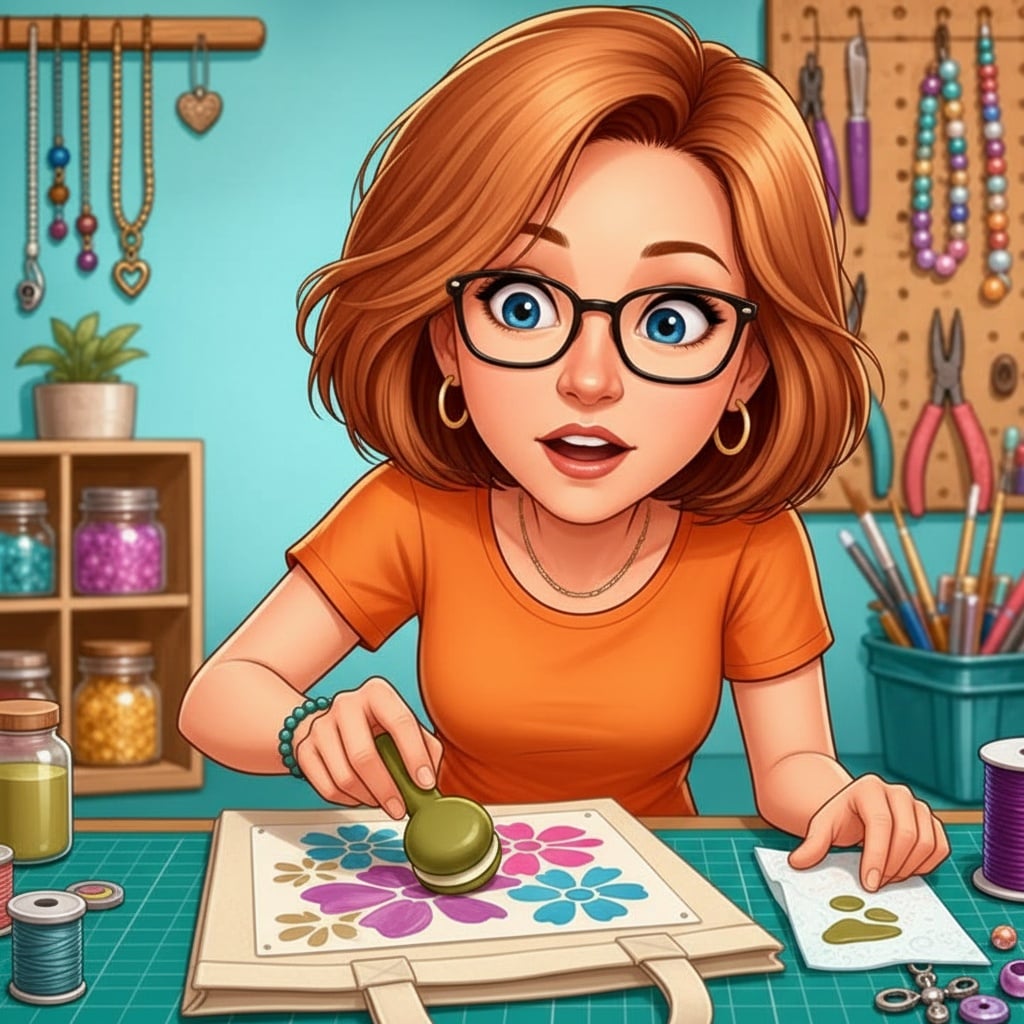 Donna tapping a sponge pouncer straight down onto a flower stencil on a canvas tote, with a blotting paper towel beside her