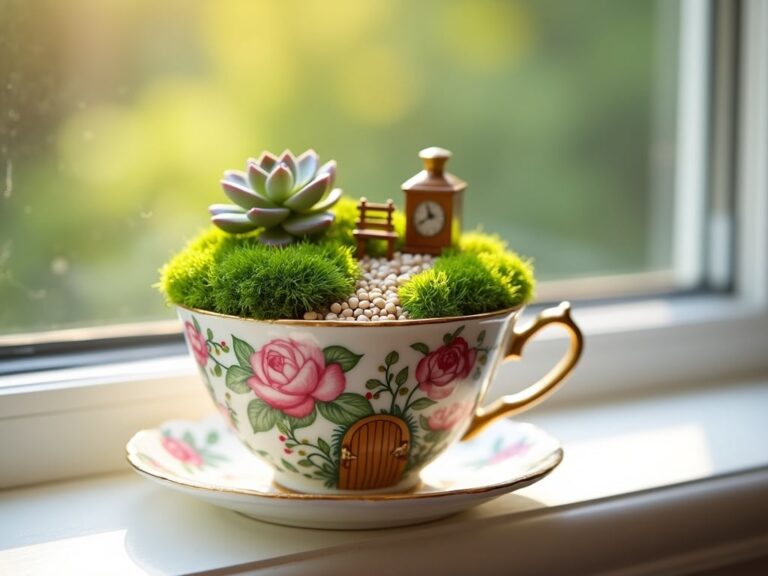 A finished miniature fairy garden planted in a vintage floral teacup on a sunny windowsill, with green moss, a small succulent, a pebble path and a tiny wooden fairy door