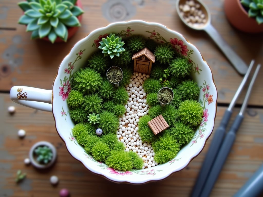 Overhead view of a teacup fairy garden showing moss covering all the soil, a curving pebble path, and the three miniatures placed by the three-item rule